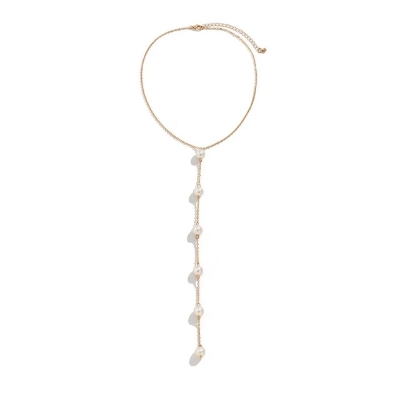 Picture of Metal Pearl Body Chain Pearl Electroplate Waist Belly Belt Chain Geometric Sexy Body Jewelry Bikini Chest Chain - White