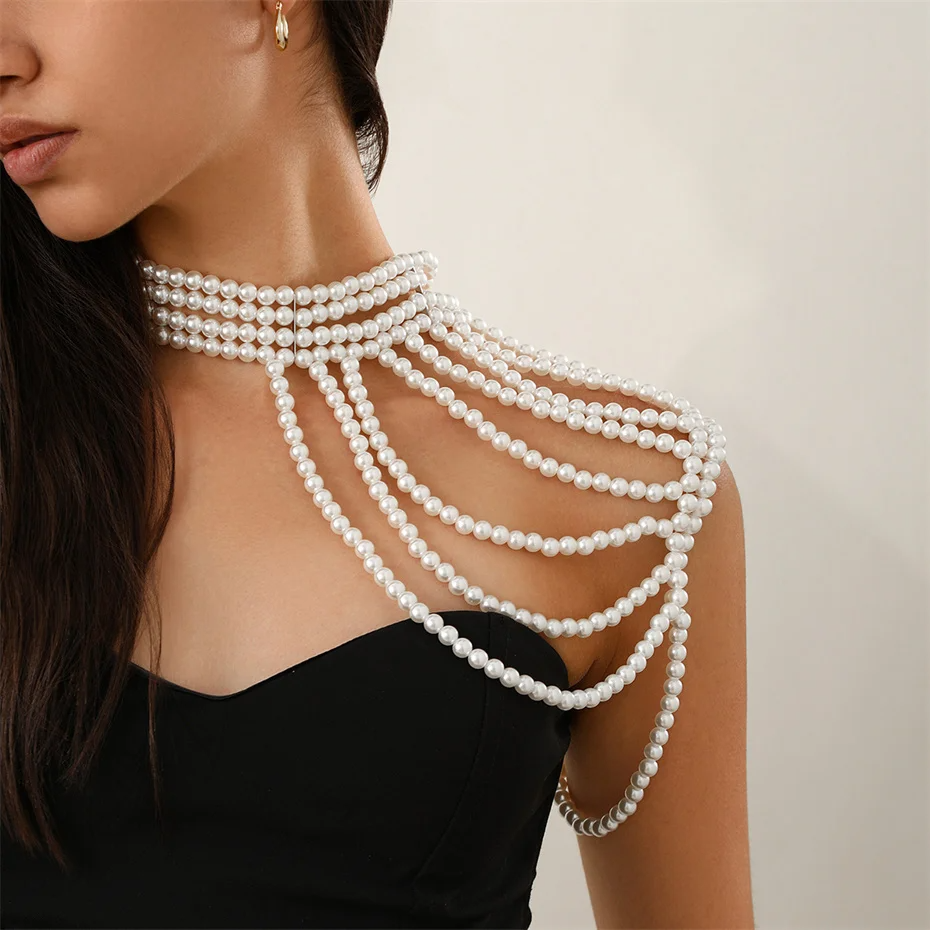 Picture of Pearl Tassel Shoulder Chain Necklace for Women Girls Elegant Rave Body Jewelry Wed Bride Accessories - White