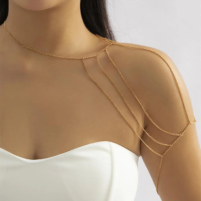 Picture of Shoulder Chain Body Chain Geometric Hanging Neck Collarbone Necklace Personality One-shoulder Exaggerated Tassel Weeding Chain - Gold