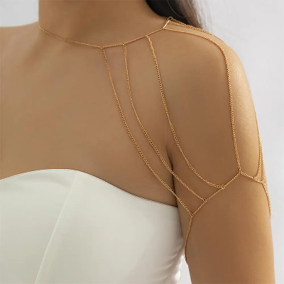 Picture of Shoulder Chain Body Chain Geometric Hanging Neck Collarbone Necklace Personality One-shoulder Exaggerated Tassel Weeding Chain - Gold