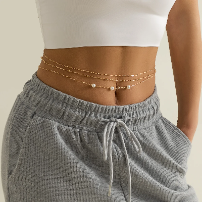 Picture of Sexy and Minimalist Imitation Pearl Chain Metal Waist Chain Mixed and Stacked Fashion Girl Beaded Woven Body Chain Belly Chain - Gold