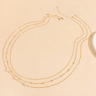 Picture of Sexy and Minimalist Imitation Pearl Chain Metal Waist Chain Mixed and Stacked Fashion Girl Beaded Woven Body Chain Belly Chain - Gold