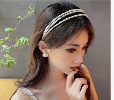 Picture of 3 Layer Pearl Hair Band Women's Super Immortal French Romantic New Wash Face High Head Press Hair Clip Headwear - White