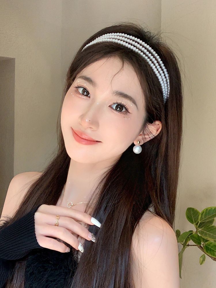 Picture of 3 Layer Pearl Hair Band Women's Super Immortal French Romantic New Wash Face High Head Press Hair Clip Headwear - White