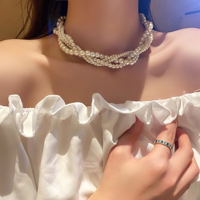 Picture of Charm Fashion White Twining Pearl Choker Necklaces For Women Geometric Necklaces Weddings Bride Jewelry Accessories - Off White