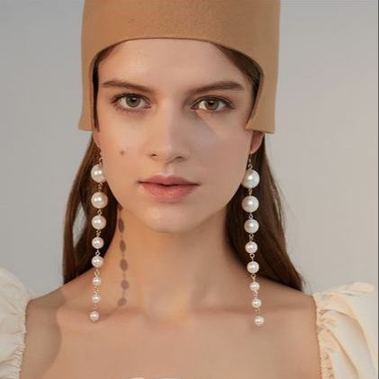 Picture of Long Fringe Drop Earrings for Women, Retro Holiday Style with Simulated Pearls and Zinc Alloy - White