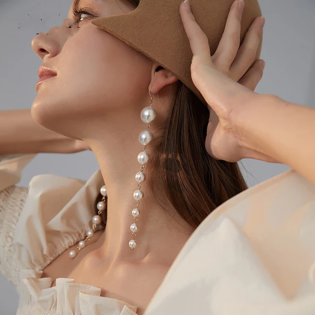 Picture of Long Fringe Drop Earrings for Women, Retro Holiday Style with Simulated Pearls and Zinc Alloy - White
