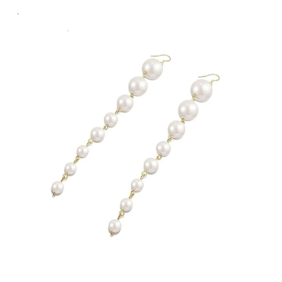 Picture of Long Fringe Drop Earrings for Women, Retro Holiday Style with Simulated Pearls and Zinc Alloy - White