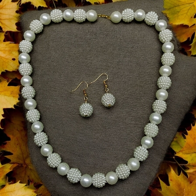 Picture of Sharee Dress Women Girls Special Pearl Necklace Jewellery New Design Blouses Necklace Bengali With Earrings Sari Shari Saharee Jewellery set 2 in 1 - White