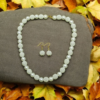 Picture of Sharee Dress Women Girls Special Pearl Necklace Jewellery New Design Blouses Necklace Bengali With Earrings Sari Shari Saharee Jewellery set 2 in 1 - White