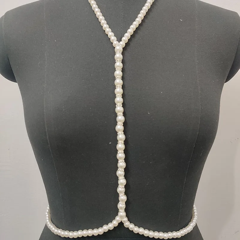 Picture of Spring White Pearl Body Chain Harness Chain Street Stylish Belly Accessory For Hot Women Body Jewelry For Visible T-shirt - Off White
