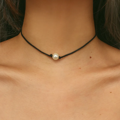 Picture of Single Pearl Black Rope Choker Necklace Hot Promotion One Pearl Necklaces Women Short Choker Necklaces - Black