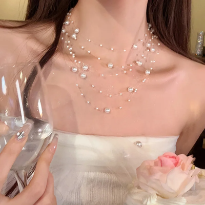 Picture of Simple Imitation Pearl Multi-layer Chokers Personality Transparent Fishing Line Clavicle Chain Ins Style Necklace for Women - Transparent String