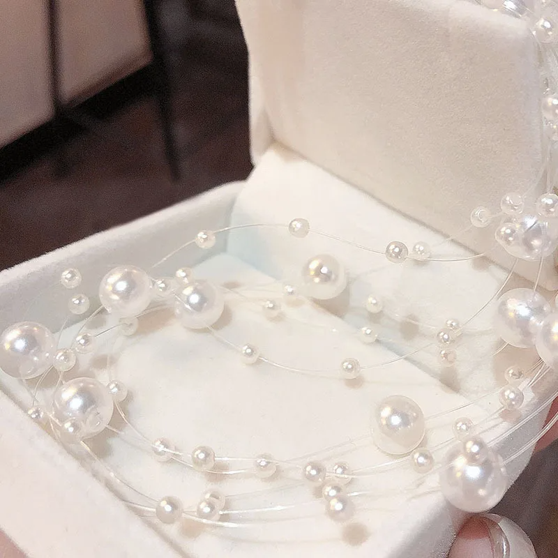 Picture of Simple Imitation Pearl Multi-layer Chokers Personality Transparent Fishing Line Clavicle Chain Ins Style Necklace for Women - Transparent String