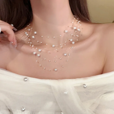 Picture of Simple Imitation Pearl Multi-layer Chokers Personality Transparent Fishing Line Clavicle Chain Ins Style Necklace for Women - Transparent String