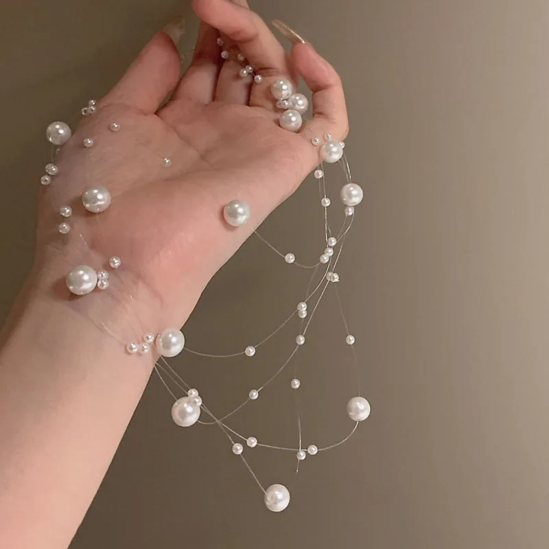 Picture of Simple Imitation Pearl Multi-layer Chokers Personality Transparent Fishing Line Clavicle Chain Ins Style Necklace for Women - Transparent String