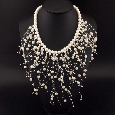 Picture of Fashion Simulated Pearl Necklaces Beads Collar Choker For Women Long Pendant Statement Jewelry Party Wedding Accessories - White