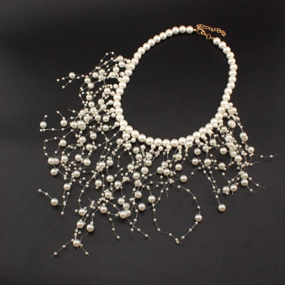 Picture of Fashion Simulated Pearl Necklaces Beads Collar Choker For Women Long Pendant Statement Jewelry Party Wedding Accessories - White