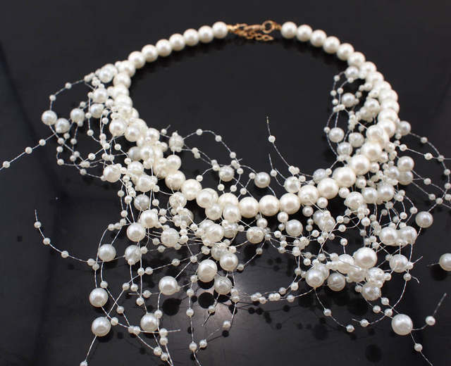 Picture of Fashion Simulated Pearl Necklaces Beads Collar Choker For Women Long Pendant Statement Jewelry Party Wedding Accessories - White