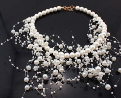 Picture of Fashion Simulated Pearl Necklaces Beads Collar Choker For Women Long Pendant Statement Jewelry Party Wedding Accessories - White