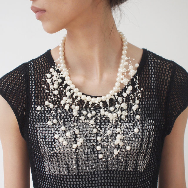 Picture of Fashion Simulated Pearl Necklaces Beads Collar Choker For Women Long Pendant Statement Jewelry Party Wedding Accessories - White