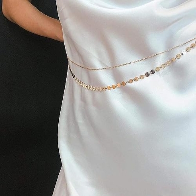 Picture of Bomine Multi Layered Sequins Waist Chain Dress Belly Body Chain Body Jewelry Belt Nightclub Komorer bicha for Women and Girls (Gold) - Gold