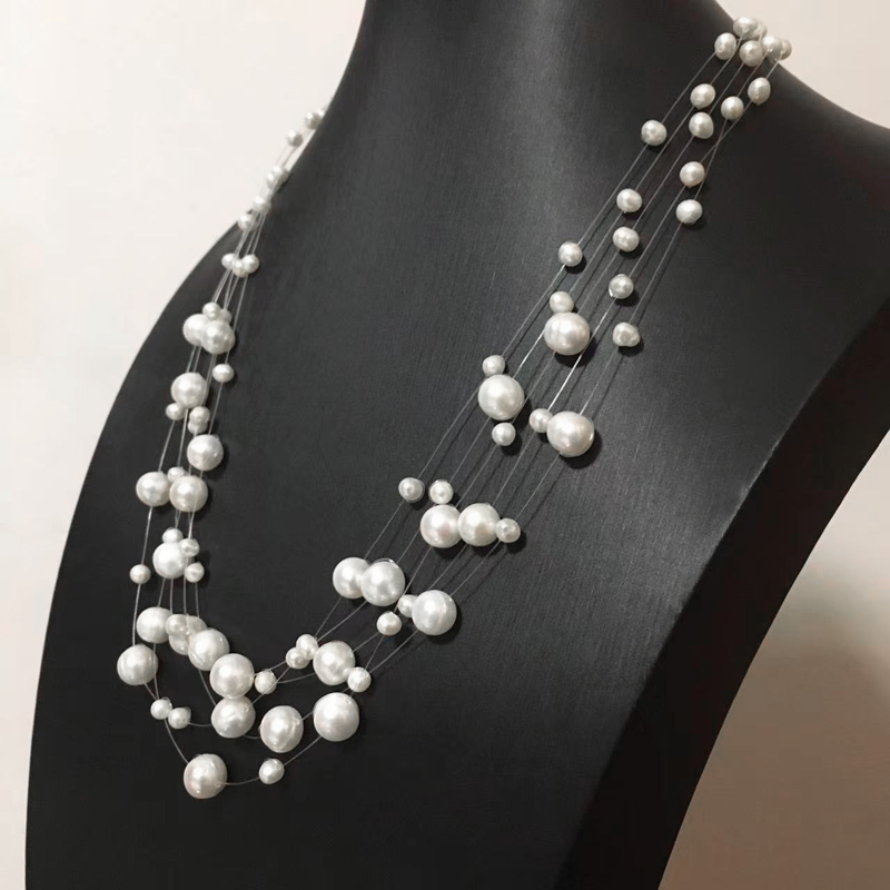 Picture of 5 Layer Transparent String Pearl Necklace Multi Layers For Women Fashion Jewerly Wedding Party Night Dress - White