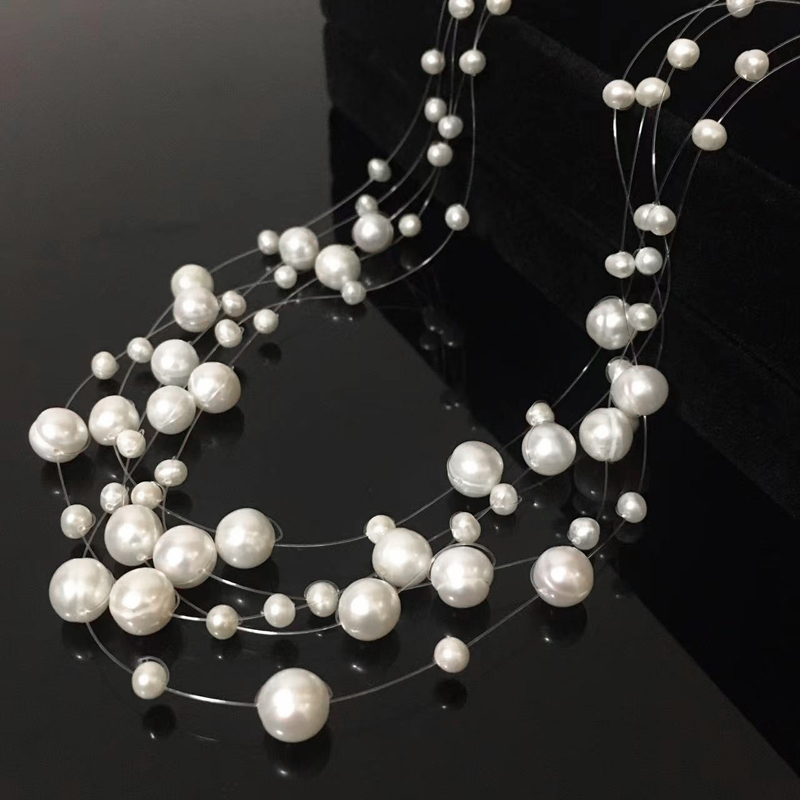 Picture of 5 Layer Transparent String Pearl Necklace Multi Layers For Women Fashion Jewerly Wedding Party Night Dress - White