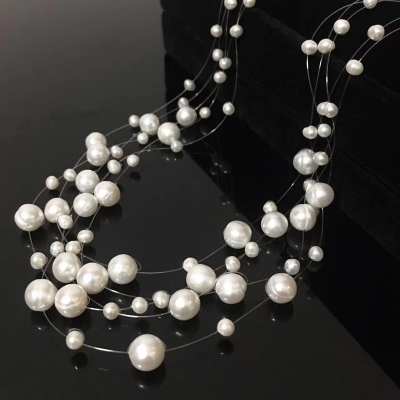Picture of 5 Layer Transparent String Pearl Necklace Multi Layers For Women Fashion Jewerly Wedding Party Night Dress - White