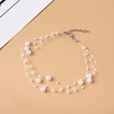 Picture of 3 Layer Transparent String Pearl Necklace Multi Layers For Women Fashion Jewerly Wedding Party Night Dress - White