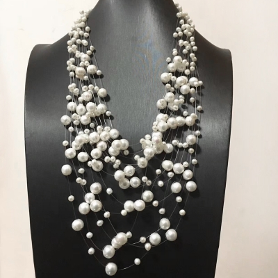 Picture of 10 Layer Transparent String Pearl Necklace Multi Layers For Women Fashion Jewerly Wedding Party Night Dress - White
