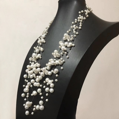 Picture of 10 Layer Transparent String Pearl Necklace Multi Layers For Women Fashion Jewerly Wedding Party Night Dress - White