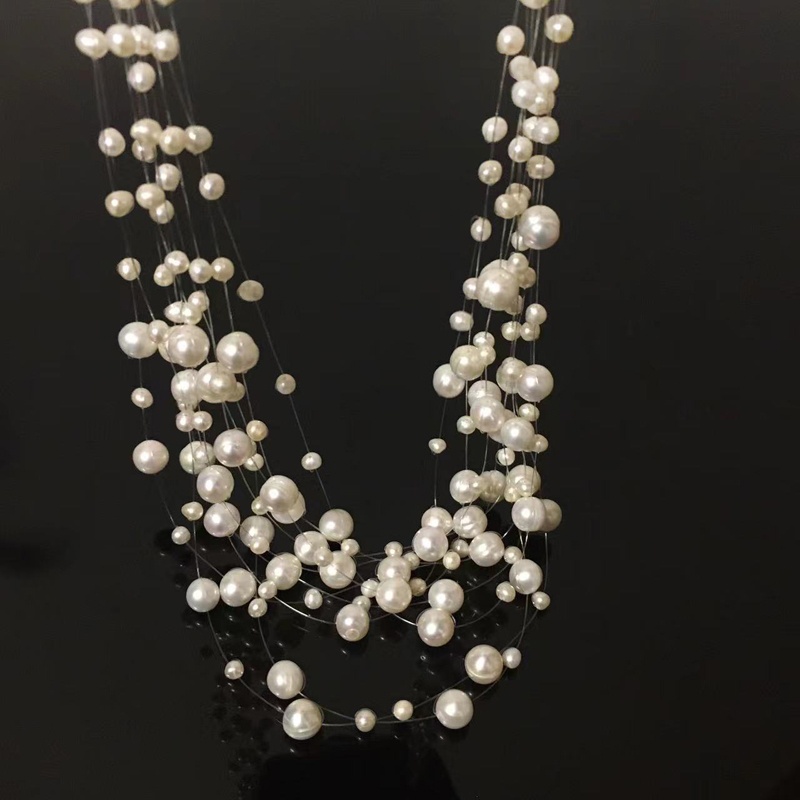 Picture of 10 Layer Transparent String Pearl Necklace Multi Layers For Women Fashion Jewerly Wedding Party Night Dress - White