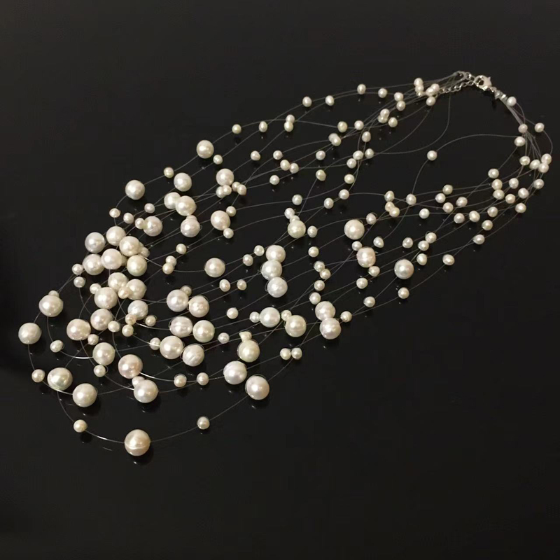 Picture of 10 Layer Transparent String Pearl Necklace Multi Layers For Women Fashion Jewerly Wedding Party Night Dress - White