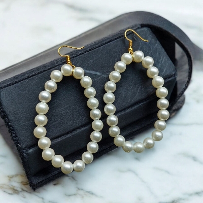 Picture of 3 inch Oval Shape 6mm Pearl Earrings For Women Fashion Party Drop Earrings - White