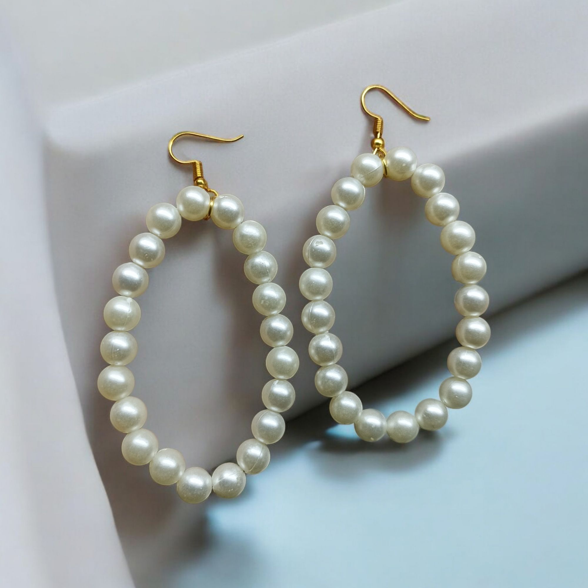 Picture of 3 inch Oval Shape 6mm Pearl Earrings For Women Fashion Party Drop Earrings - White