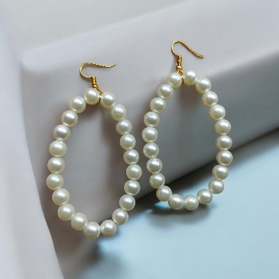 Picture of 3 inch Oval Shape 6mm Pearl Earrings For Women Fashion Party Drop Earrings - White