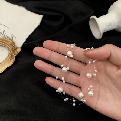 Picture of Fishline Transparent 3 Layer Pearl Necklace For Women Party Dress - White