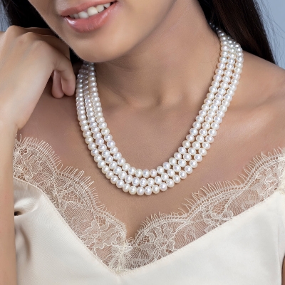 Picture of 8mm Pearl 3 Line Pearl Necklace Fashion Women Wedding Saree Necklace Party Dress Necklace - Off White