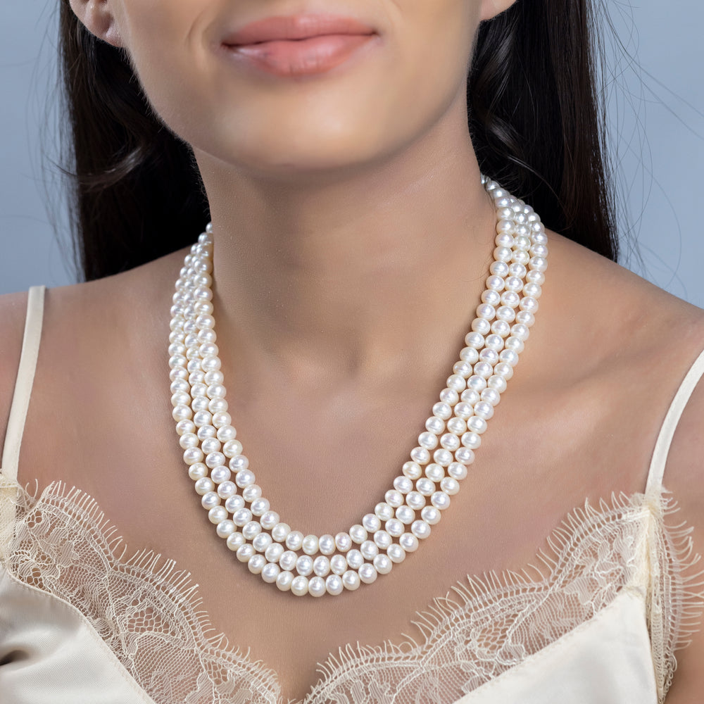 Picture of 8mm Pearl 3 Line Pearl Necklace Fashion Women Wedding Saree Necklace Party Dress Necklace - Off White