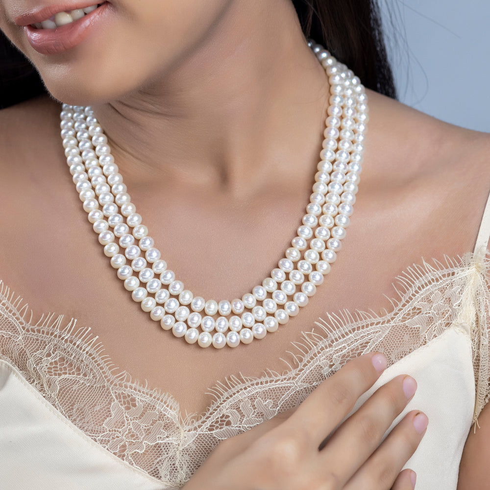 Picture of 8mm Pearl 3 Line Pearl Necklace Fashion Women Wedding Saree Necklace Party Dress Necklace - Off White