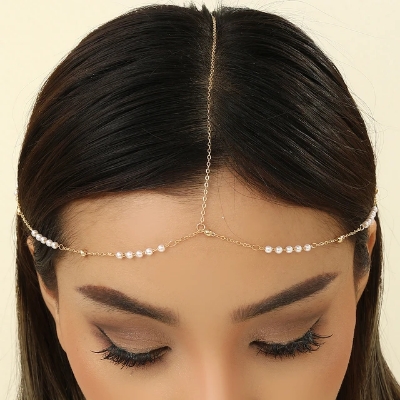 Picture of Pearl Chain Tikli Headpiece Imitation Pearl Link Chain Elegant Head Forehead Accessories Bling Bridal Hair Chain Women Lady Aesthetic Jewelry - Gold