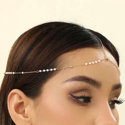 Picture of Pearl Chain Tikli Headpiece Imitation Pearl Link Chain Elegant Head Forehead Accessories Bling Bridal Hair Chain Women Lady Aesthetic Jewelry - Gold