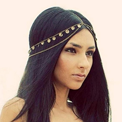 Picture of Coins Tassel Head Chain Headpieces Sequins Round Drop Hair Band Tribal Headpiece Head Chains Pearl Indian style Tikli  Wedding Hairstyles Chain - Gold