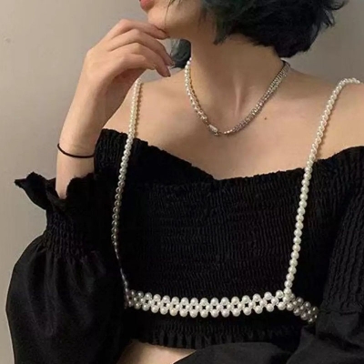 Picture of Winter Sexy Shoulder Bare Pearl Top Dress Belt Suitable for Women's Black Clothes Handmde Bead Harness Chain - Off White