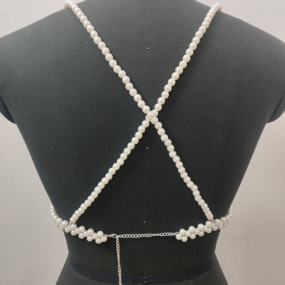 Picture of Winter Sexy Shoulder Bare Pearl Top Dress Belt Suitable for Women's Black Clothes Handmde Bead Harness Chain - Off White