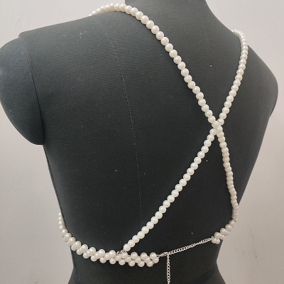 Picture of Winter Sexy Shoulder Bare Pearl Top Dress Belt Suitable for Women's Black Clothes Handmde Bead Harness Chain - Off White