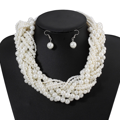 Picture of Classic Handmade Simulated Pearl Choker Statement Necklace Earring Jewelry Sets Women Party Luxury Wedding Jewelry Set - elite
