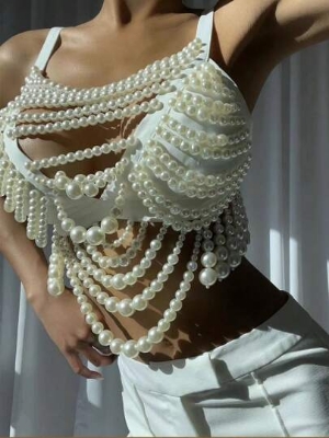 Picture of 1pc Noble Luxury Women's Faux Pearl Vest Body Chain Medieval Court Style Beautifully Beaded Sling Bustier For Dating Or Party Or Vacation And Gifts For Women - Off White