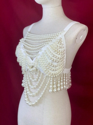 Picture of 1pc Noble Luxury Women's Faux Pearl Vest Body Chain Medieval Court Style Beautifully Beaded Sling Bustier For Dating Or Party Or Vacation And Gifts For Women - Off White